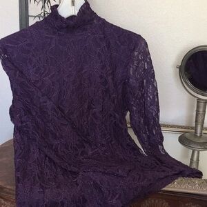 $5 DEAL Vintage Retro Plum Lace HiNeck Top Blouse Sheer Sleeve